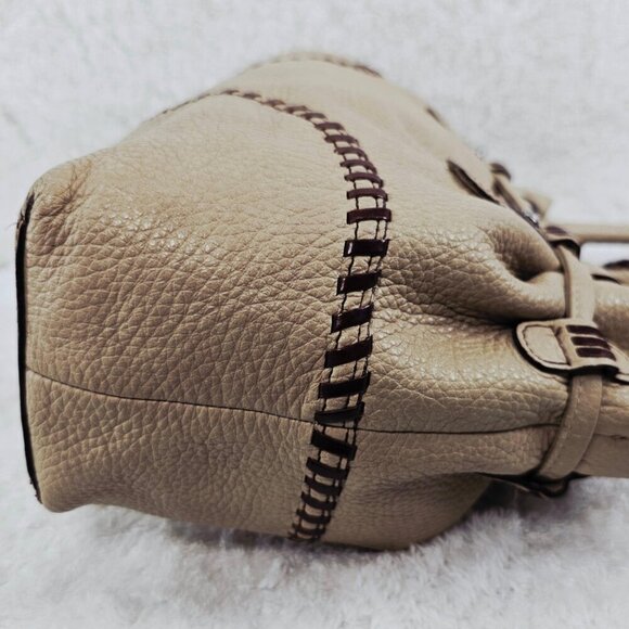 BRIGHTON Beige Pebble Leather Hobo Shoulder Bag Whipstitching Tassel Drawstring - Picture 12 of 16